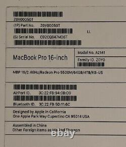 Apple MacBook Pro 16 4TB SSD, i9 9th Gen 2.40 GHz, 64GB Ram, 5500M 8gb GDDR6