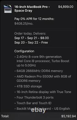 Apple MacBook Pro 16 4TB SSD, i9 9th Gen 2.40 GHz, 64GB Ram, 5500M 8gb GDDR6